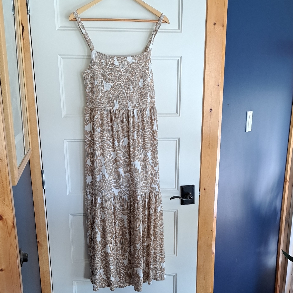 Gentle Fawn Beige Leaf-Print Maxi Dress with Smocked Bodice